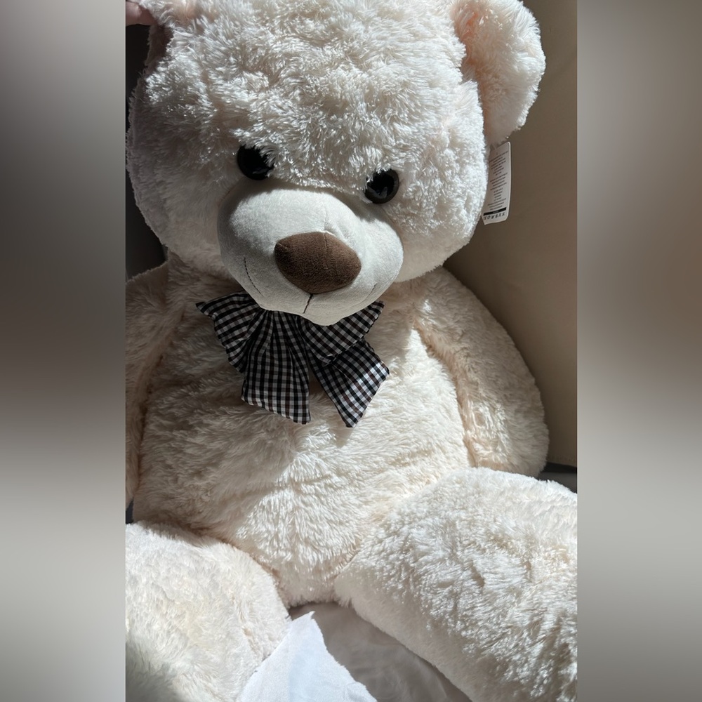 Charming Cream Plush Teddy Bear with Checkered Bow